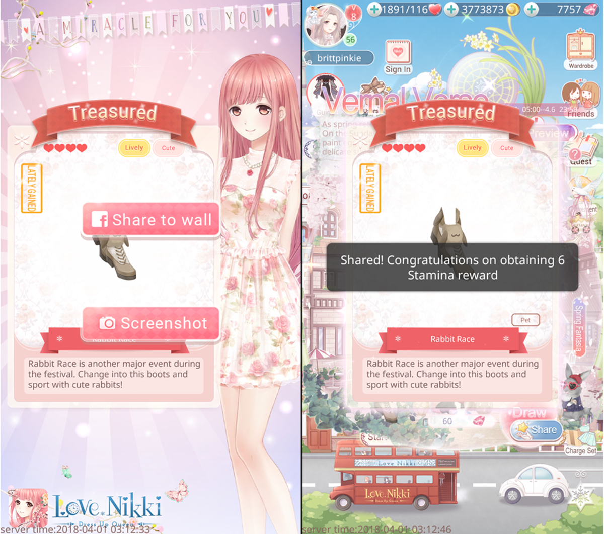 Click on the share button when you receive new items and dress up Nikki to get rewards!