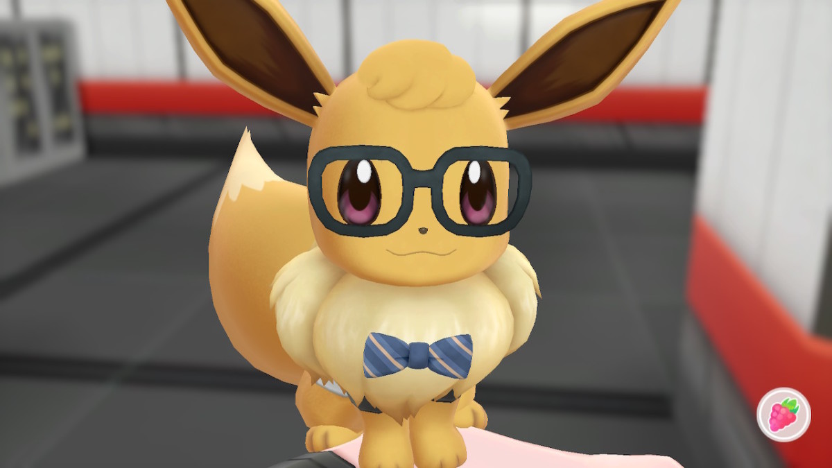 Eevee with a bow tie, glasses, and a fancy new haircut. 