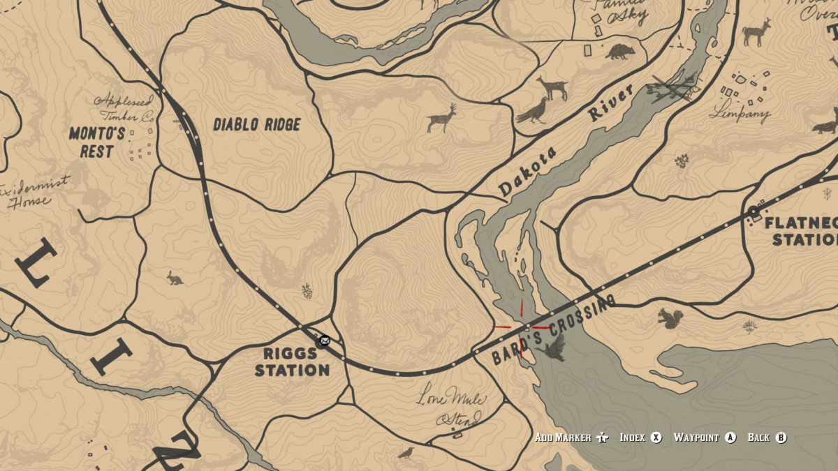 Place a Way-point here on Bard's Crossing as you exit Strawberry. When you get to Rigg's Station there is a possibility of a train being there. No sweat, just ride to the right and follow the tracks, you're going to head here anyway.
