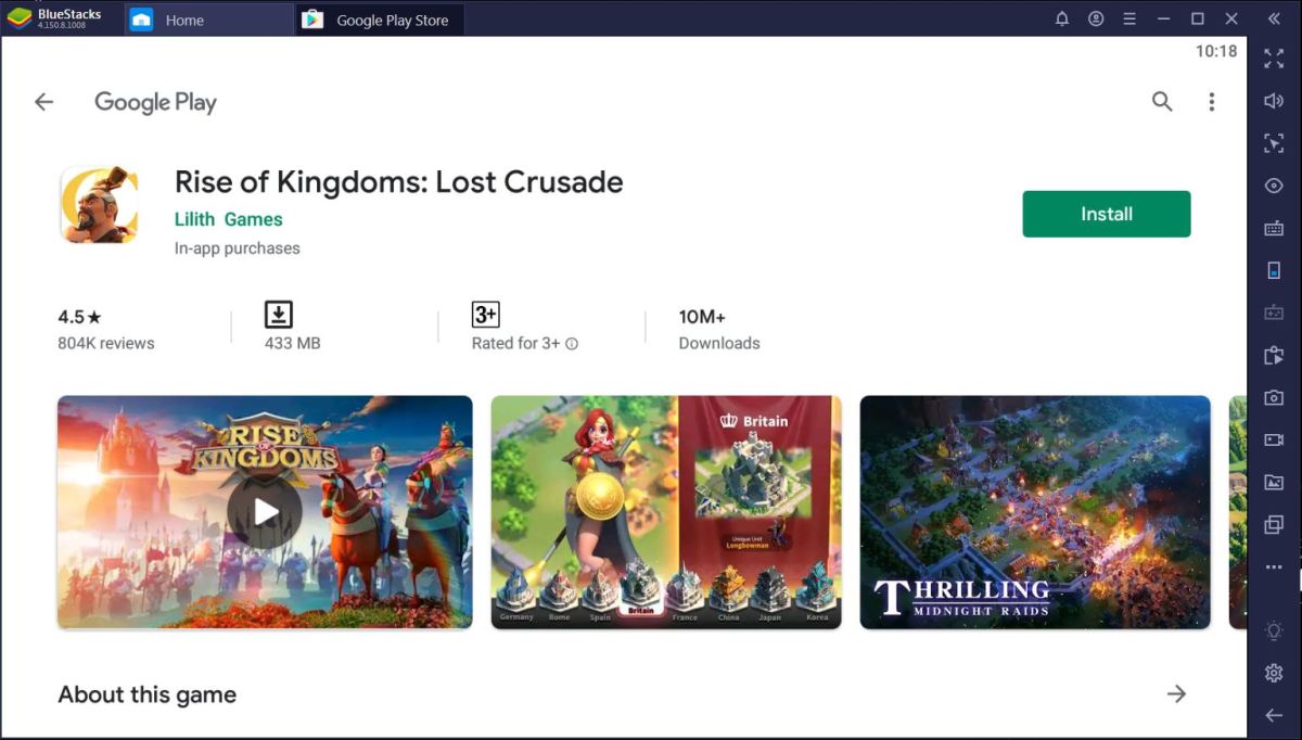 Downloading "Rise of Kingdoms" in BlueStacks