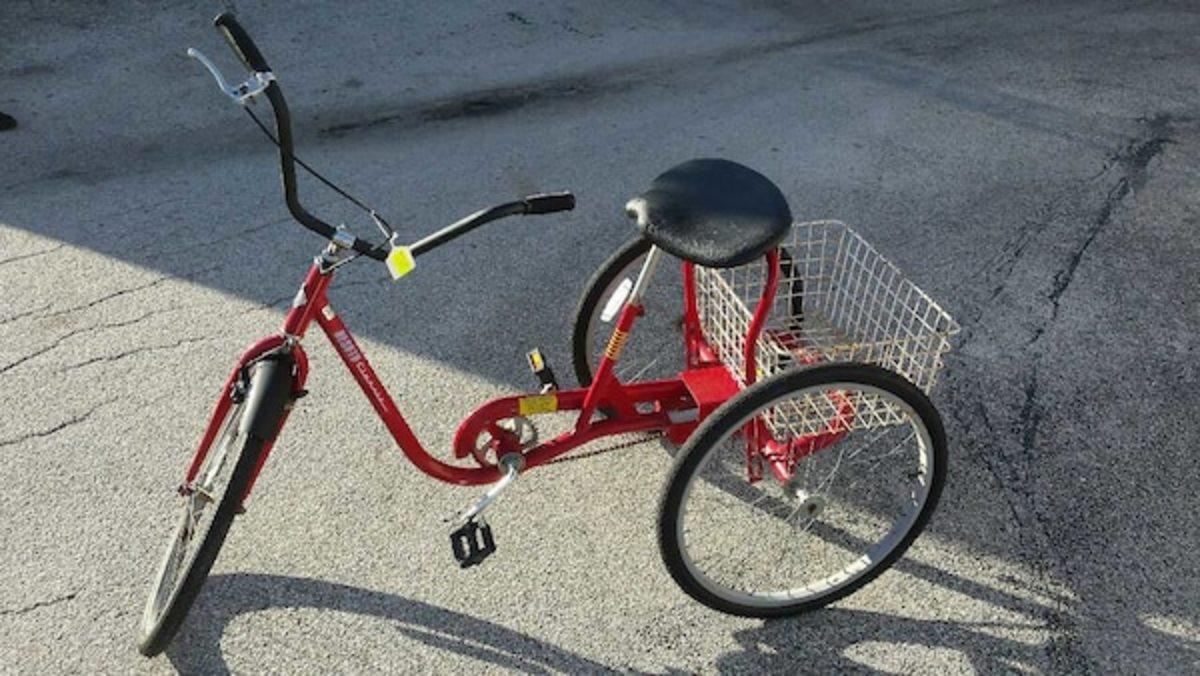 "Big Red": This is the tricycle I ride around my neighborhood to help me build my leg strength and improve my coordination