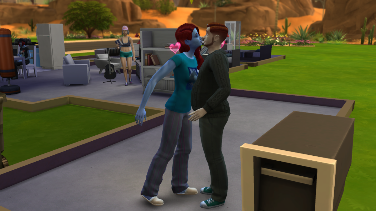 Two sims getting romantic in "The Sims 4." Amorous sims can become boyfriend / girlfriend, and eventually they can get married.
