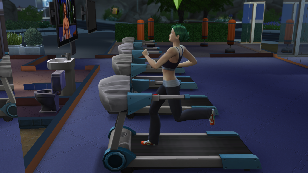 A sim on a treadmill at the local gym. Sims can work out for free at a gym in "The Sims 4," which is wise if you're strapped for cash.