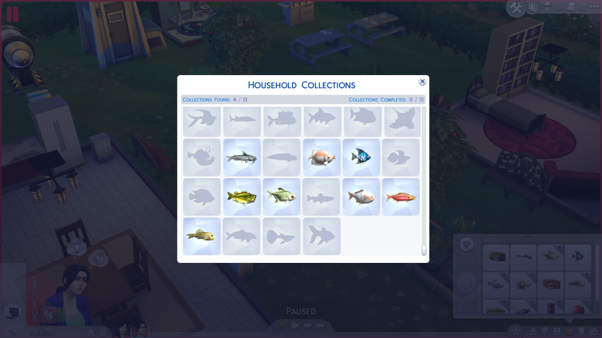 An incomplete record of caught fish in "The Sims 4"