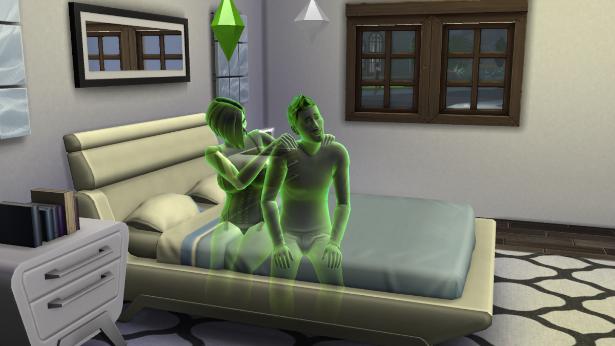 A pair of ghosts getting friendly in "The Sims 4." Note the telltale green colouring, indicating that this is a Happy interaction.
