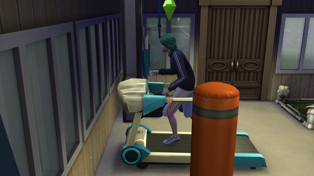 A sim training on a treadmill to improve his Secret Agent standing in "The Sims 4."