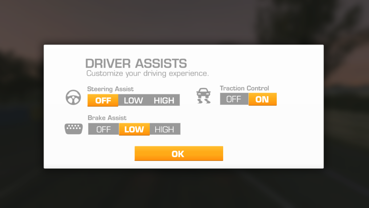 Click on settings, (lower left corner of game), then the middle setting (car image) and you can set the assist levels you prefer.