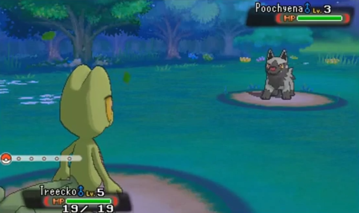 A starter Treecko battles a wild Poochyena in the first battle of "Pokémon Omega Ruby and Alpha Sapphire."