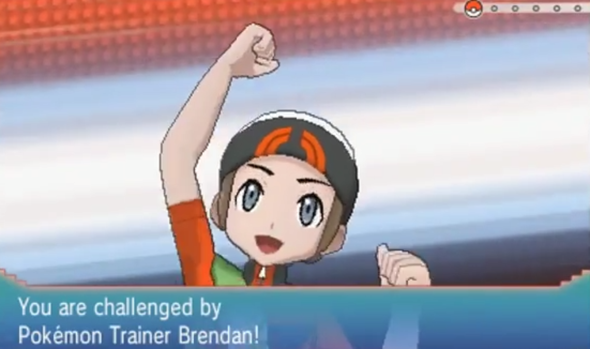 Pokémon Trainer Brendan gears up for the first rival battle of the game.