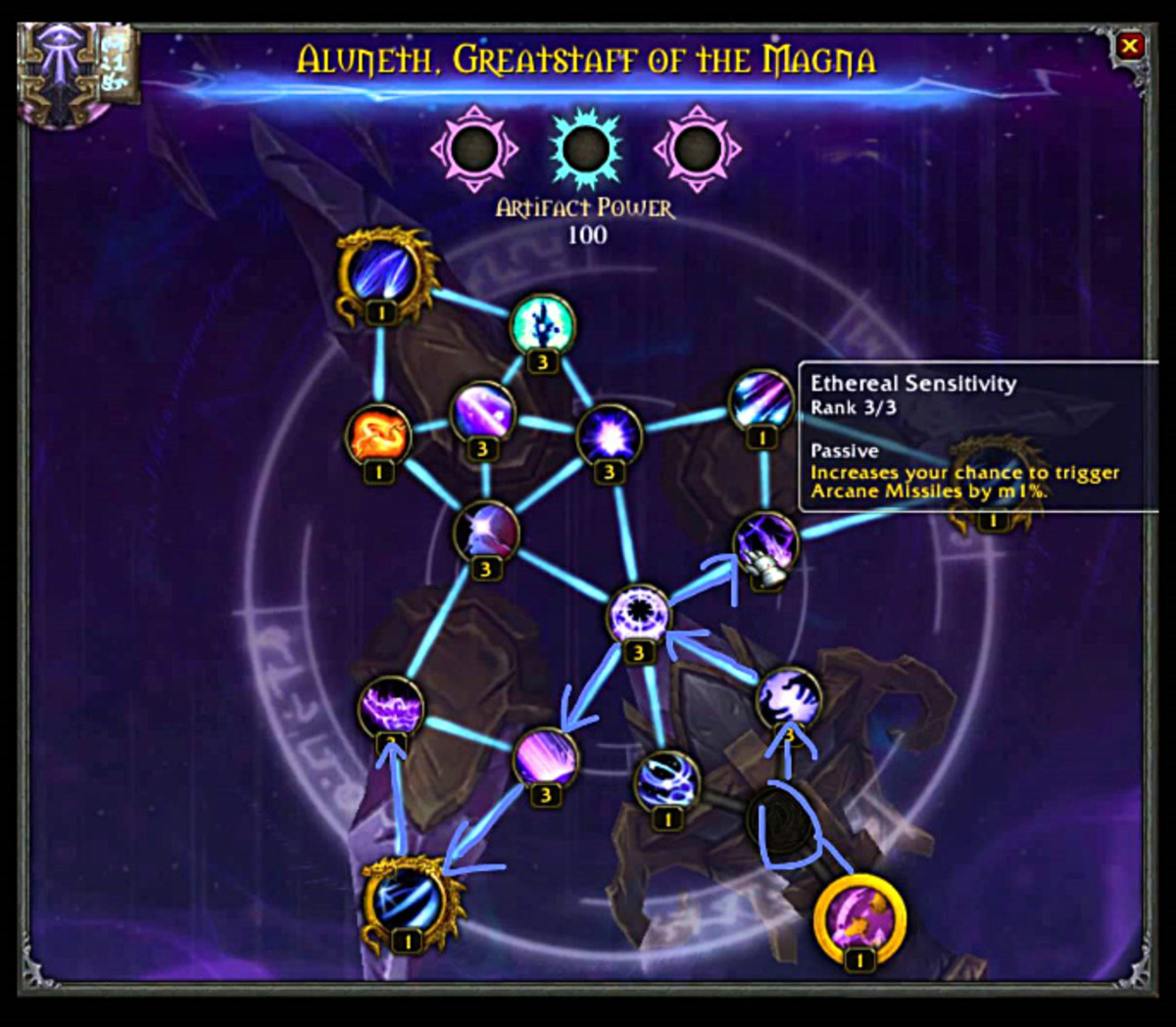 The trait tree for my arcane mage artifact. Notice how different it is from that of Ashbringer's.