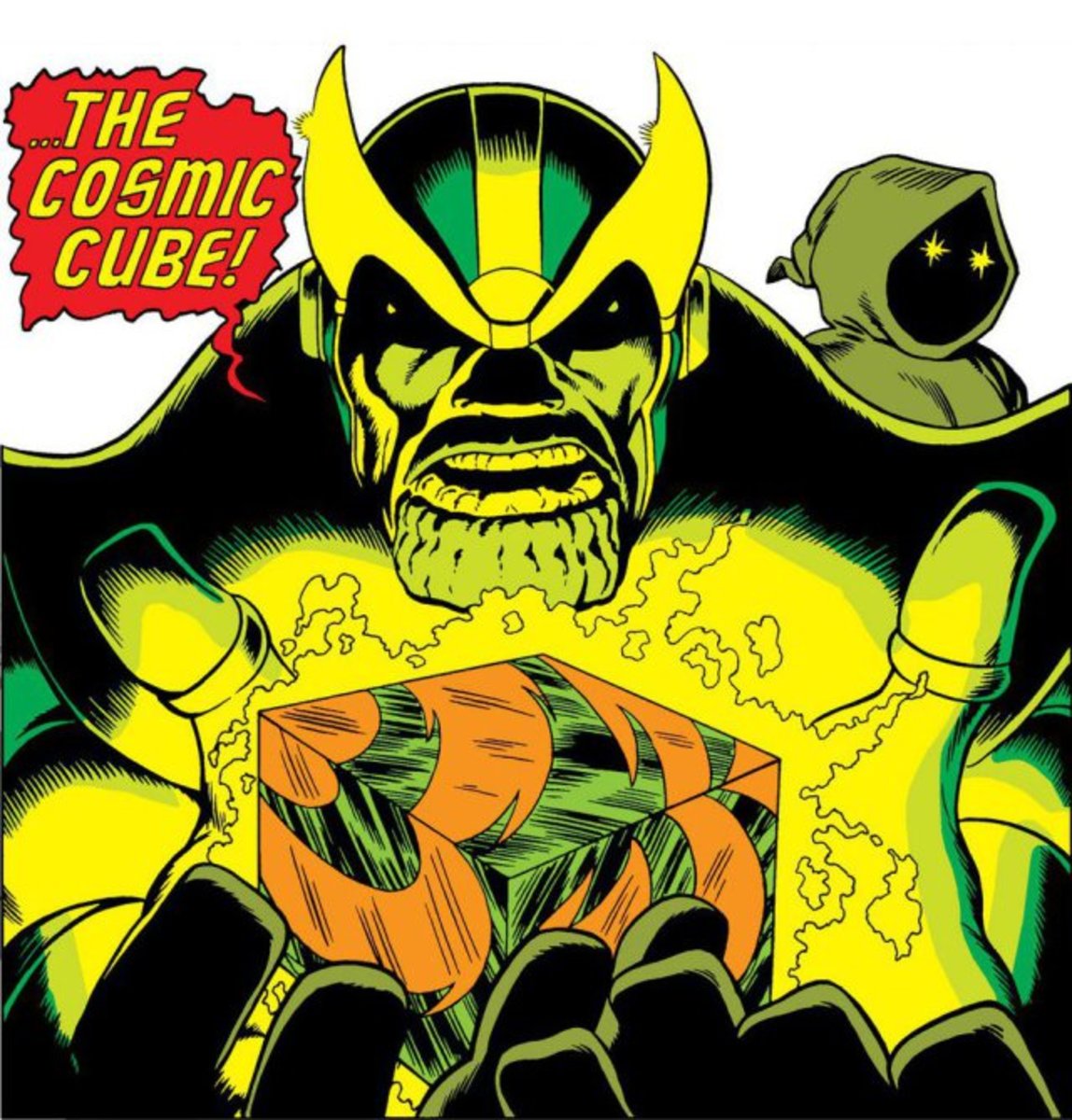 Thanos holding the Cosmic Cube (Tasseract) with Death to the right.
