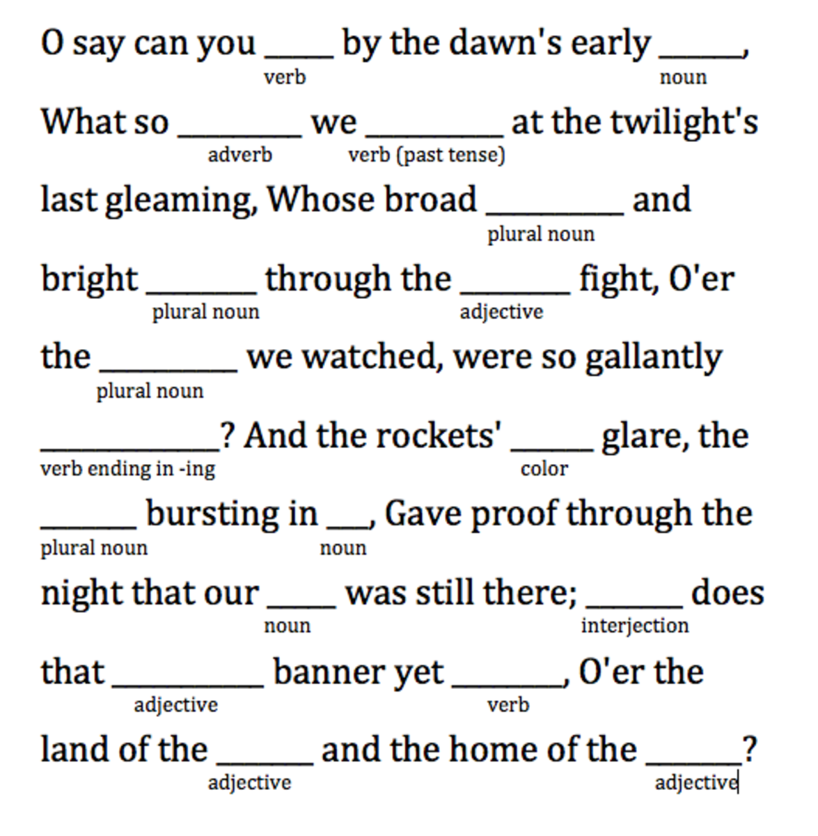 The Star-Spangled Banner is in the public domain, so it was easy to grab the lyrics online and quickly pull some words out.