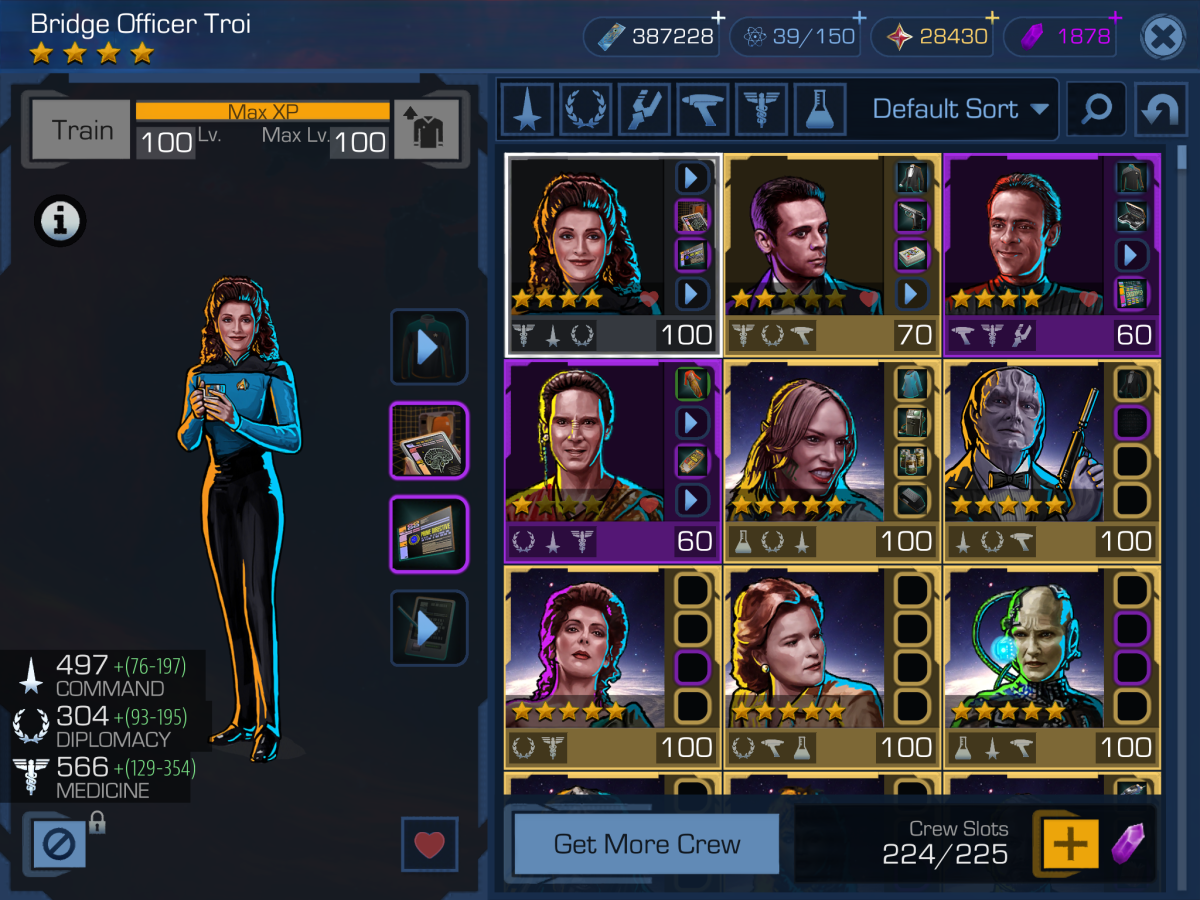 Crew is sort-able by vaious means or searchable.  You can select them as favorites, throw them out the airlock, or merely admire them here.