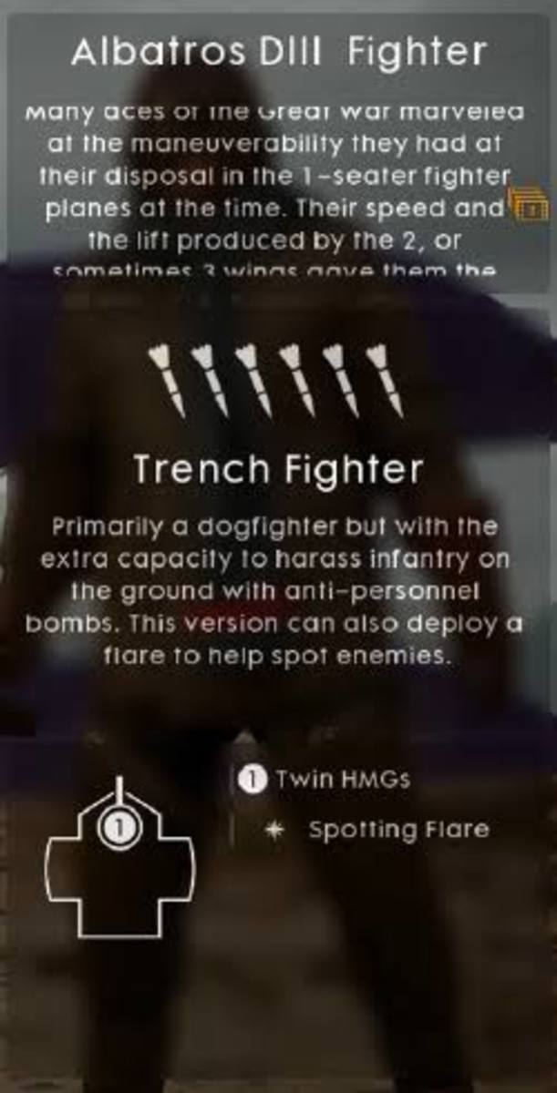 In-game description of the Trench Fighter plane.