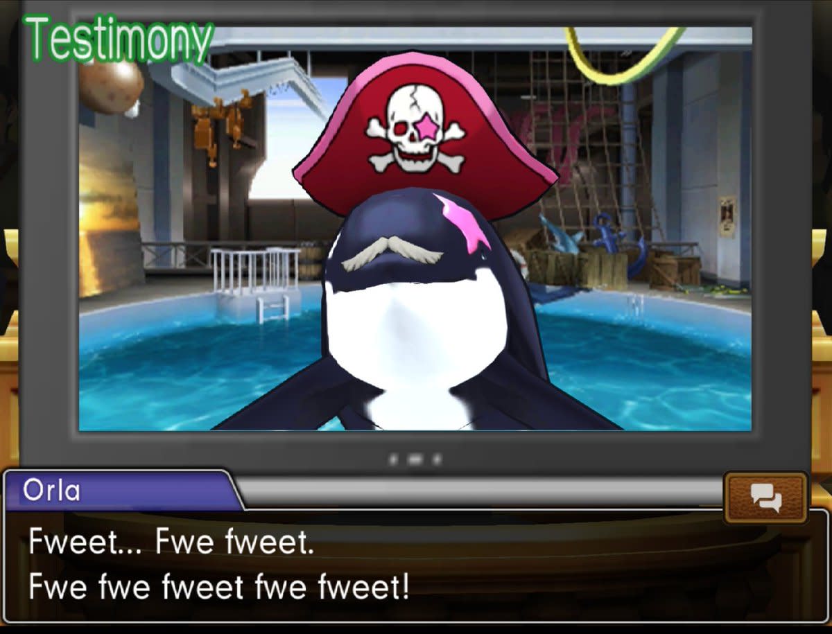 Yes. That is indeed an Orca testifying on the witness stand. Socratic Method often takes a turn for the absurd, and so often does the Ace Attorney series.