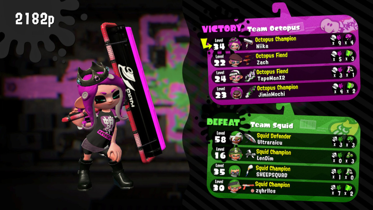 Niika the Octoling, at Champion rank. Just a little to go before becoming Octopus Queen.