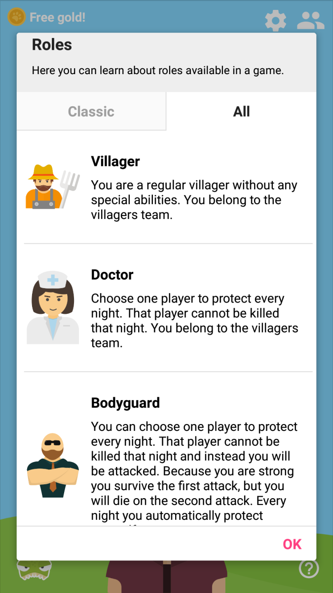 Screenshot of some roles included in the game.