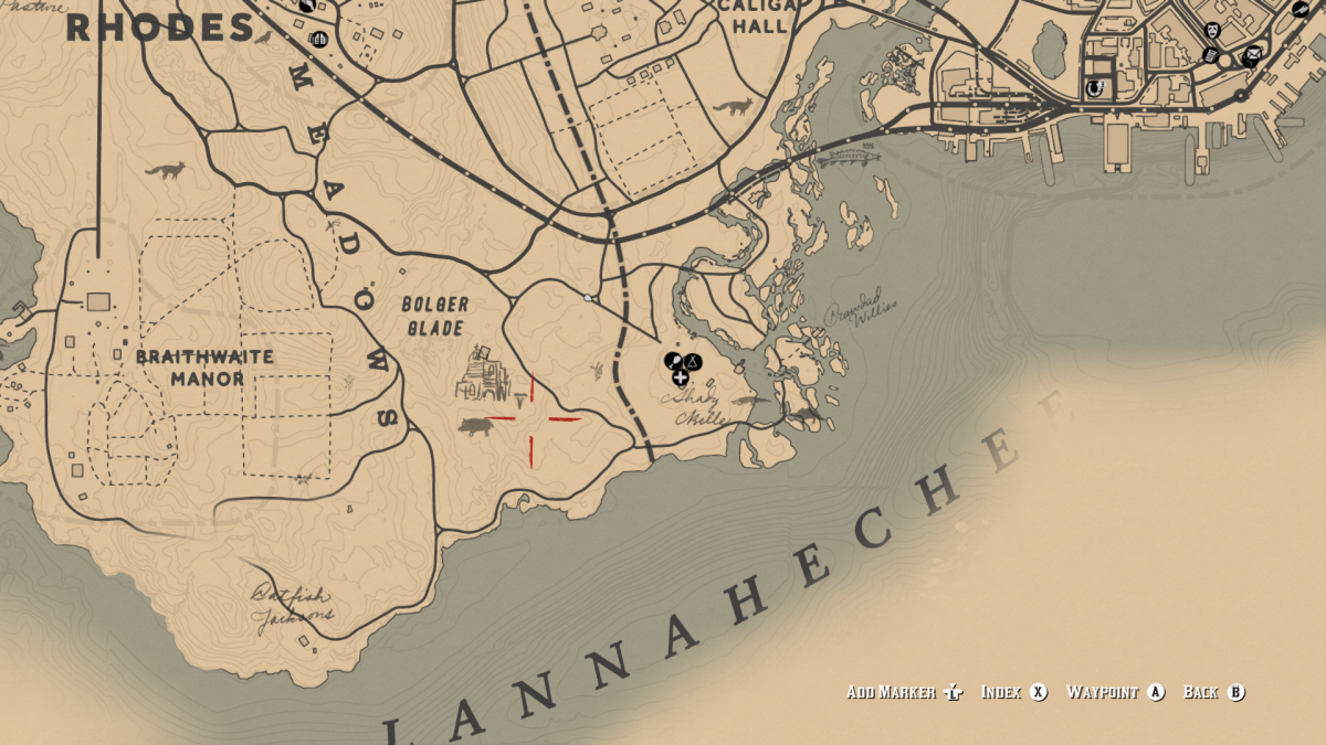 In Chapter 4 the woods where you can hunt Giaguaro is right across the road from the Gang Camp. 
