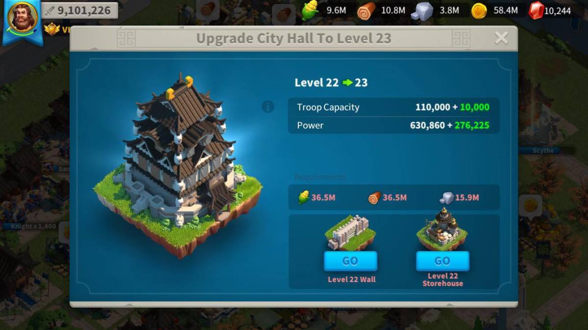 Rise Of Kingdoms Power Increase in Upgrading City Hall to Level 23