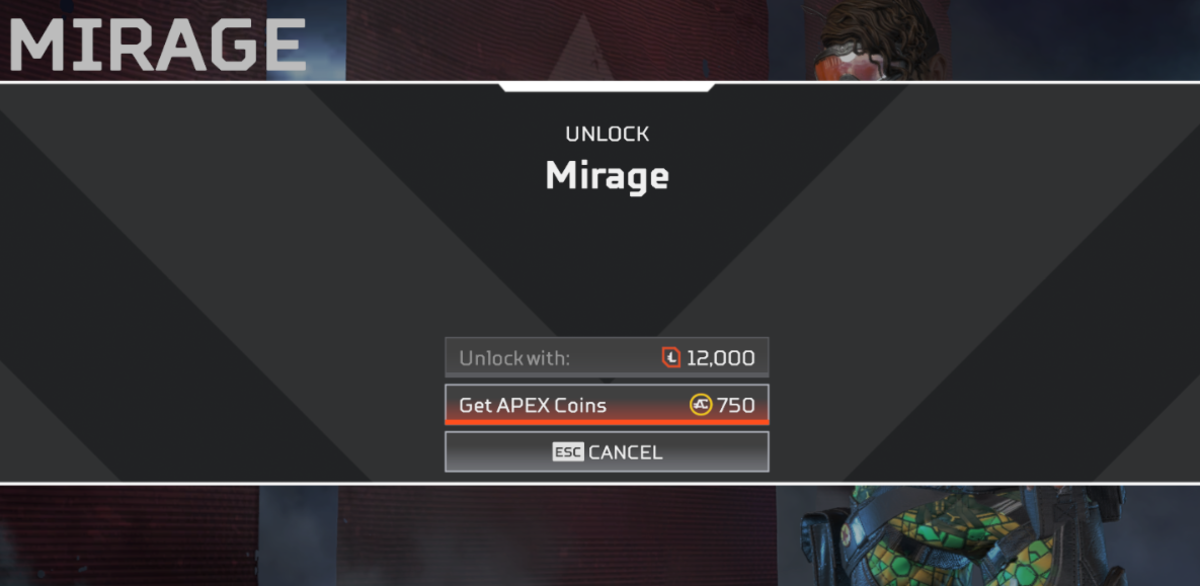 Mirage takes 12,000 Legend Tokens or 750 Apex Coins to unlock. It's unclear if this is the price you should expect newly introduced Legends to cost, but we'll find out soon!
