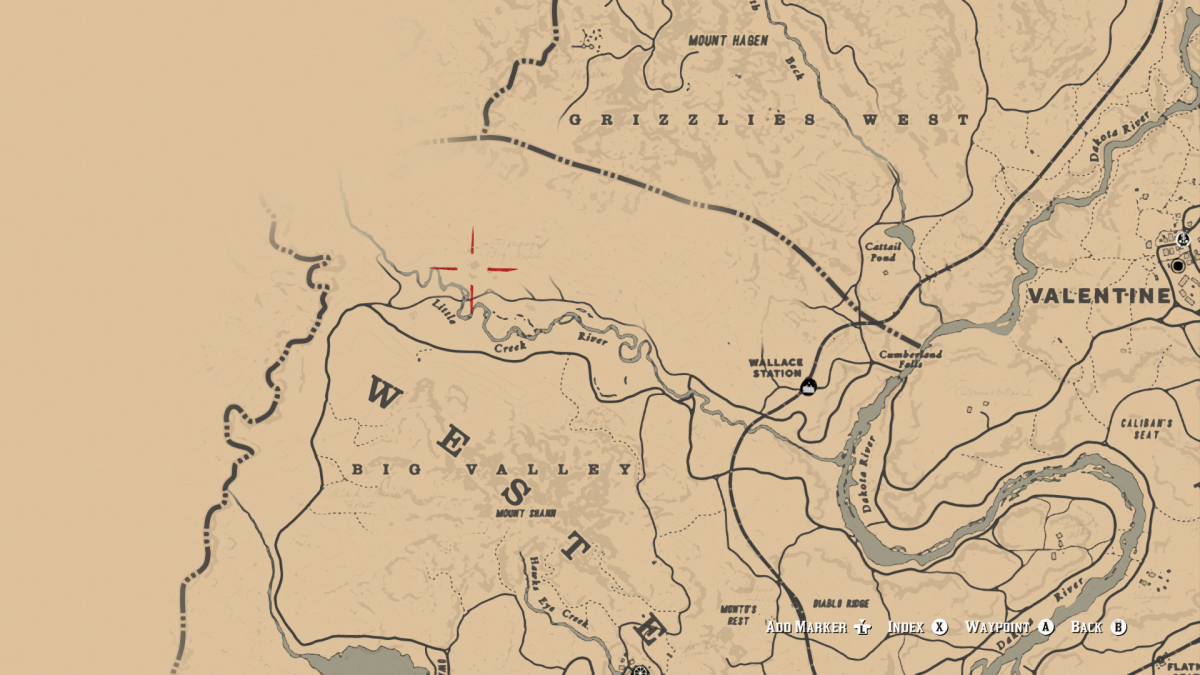 The location of Hanging Dog Ranch in Big Valley West Elizabeth. Screenshot was taken in Chapter 3. The map should look like this after the Chapter 2 mission "An American Pastoral Scene" this part of the map will be uncovered.