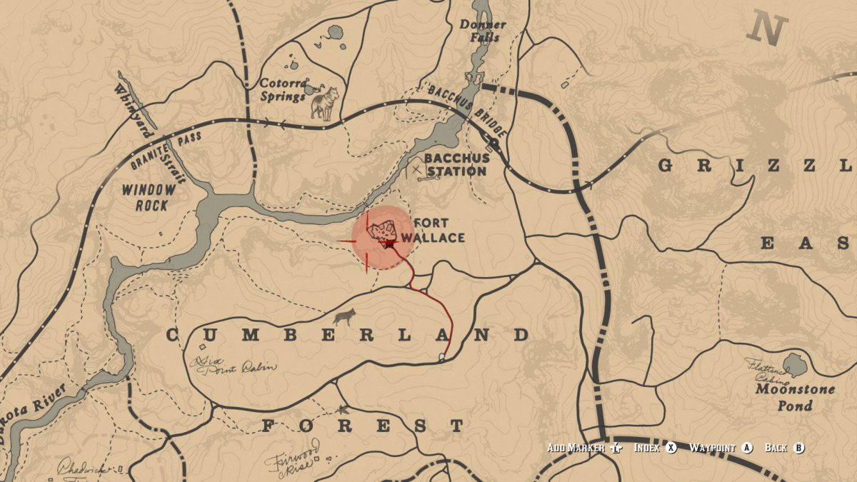 The location of Fort Wallace. The Waypoint represents where to throw your Dynamite. The icon represents where to stand when throwing them. 