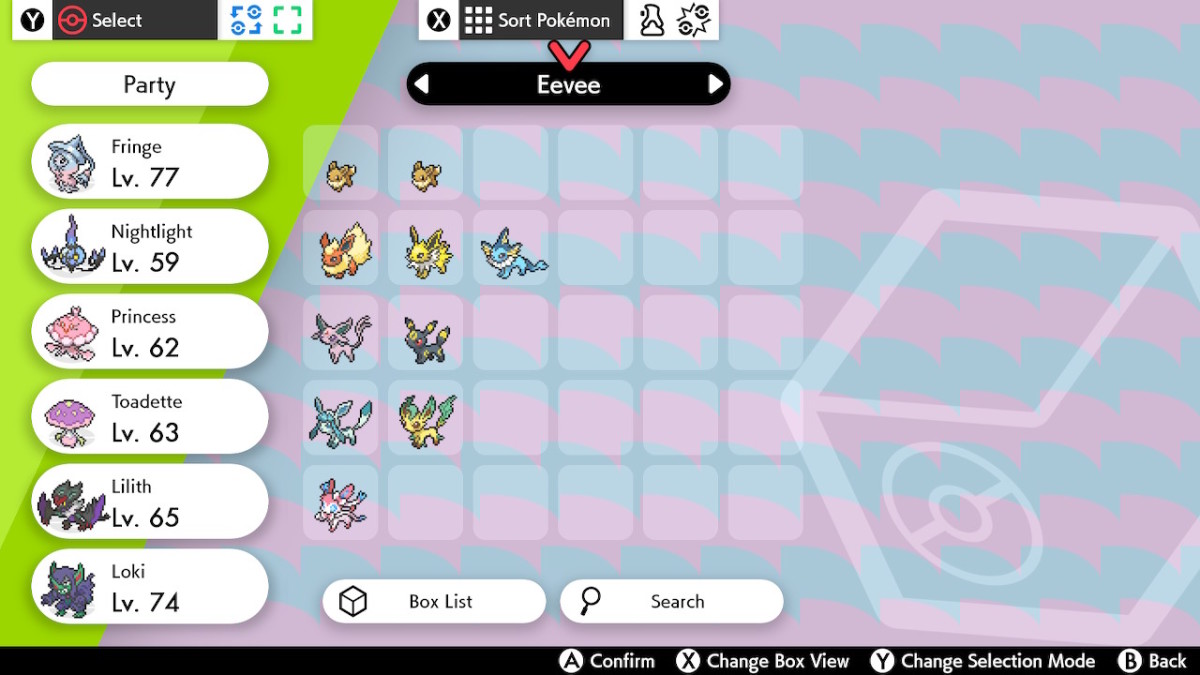 My Eeveelutions, nicely organized in their own box.