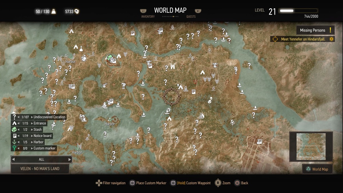 The map of Velen showing some of the extra objectives.