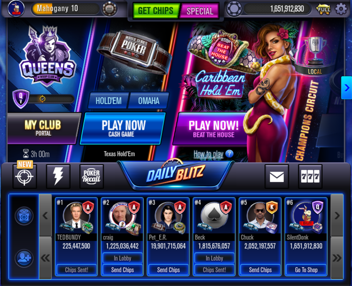 The "WSOP" main menu screen