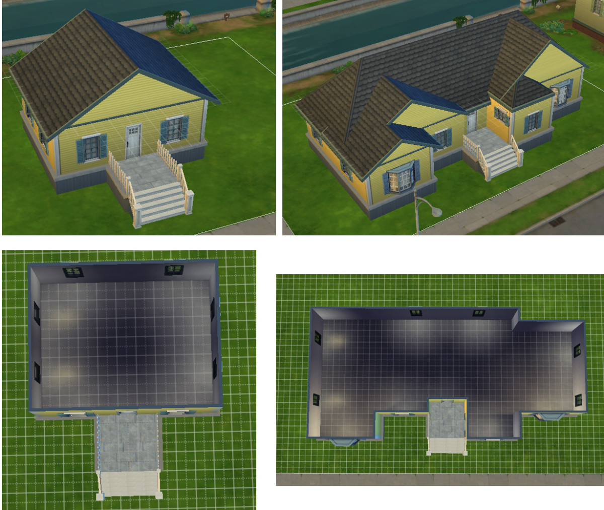 I took this plain old boxy house on the left, widened it, and added a few more box shapes jutting out, and added several roof parts to it in order to create this more interesting home on the right.