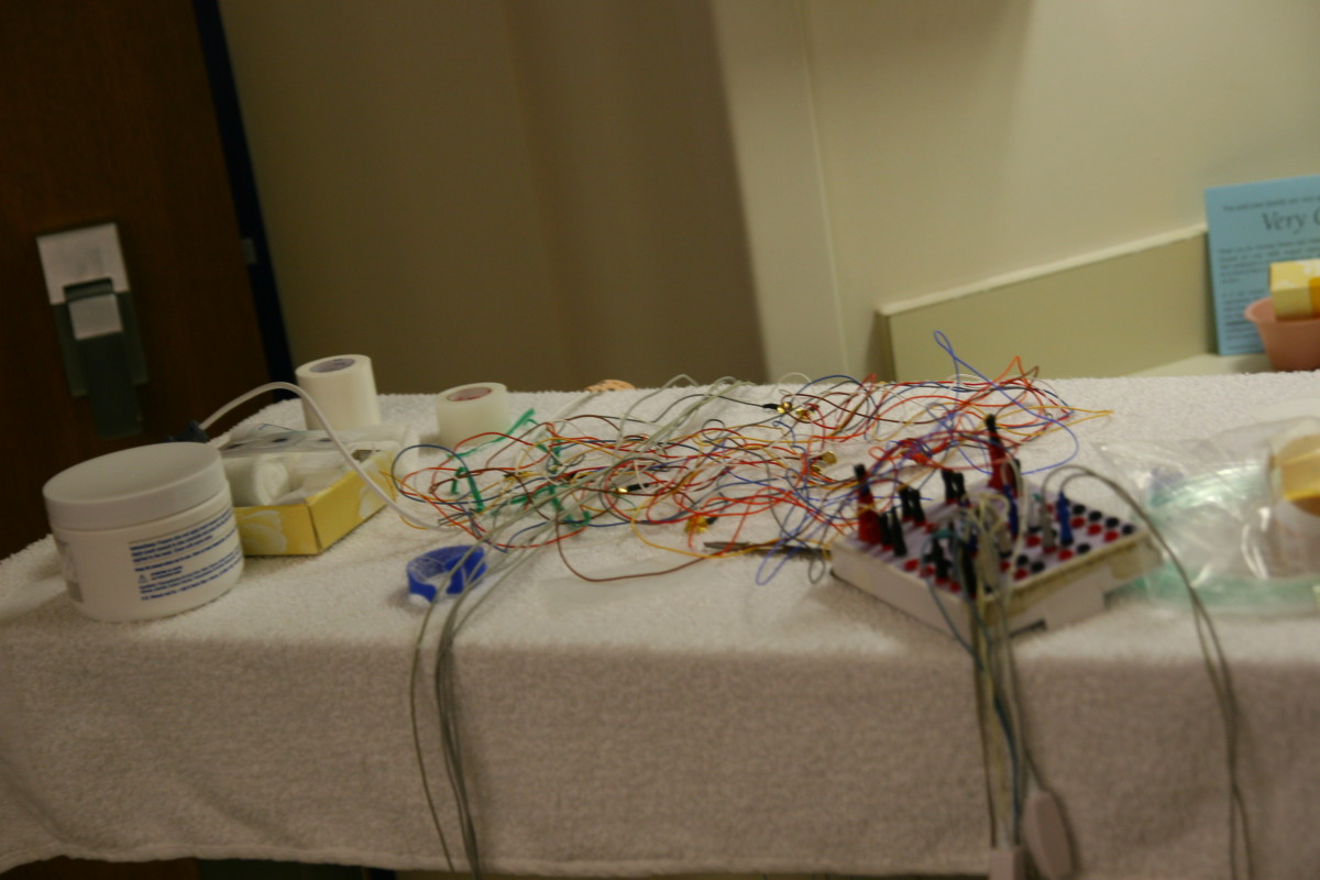 The array of leads required for a pediatric sleep study test.