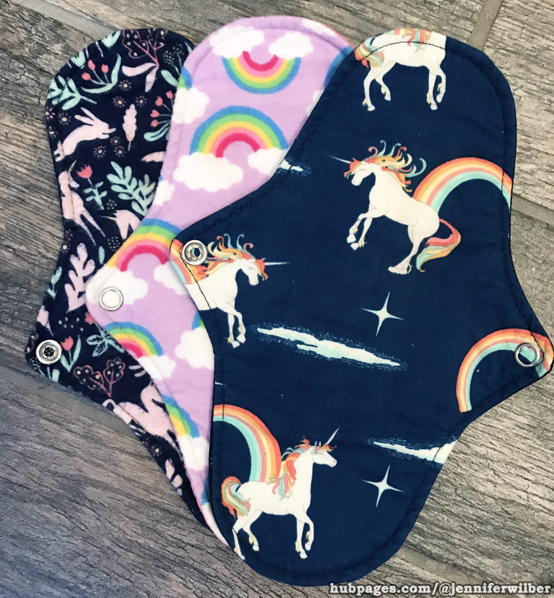 Party in My Pants cloth pads - Luxe Liners in "Avalon," "Double Rainbow," and "Under le Rainbow." Much unicorn. Such magical. Wow!