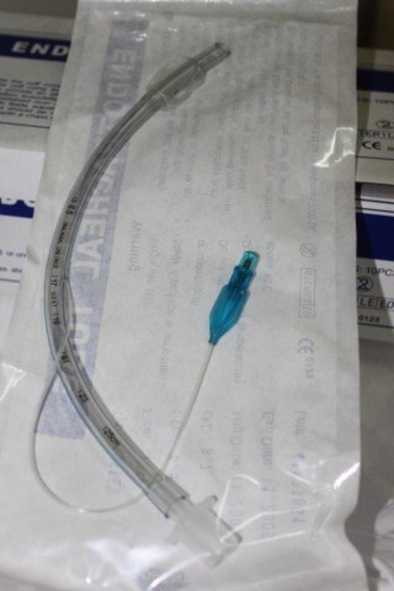 The far end is placed into the windpipe through the vocal cords. The clear cuff is inflated by using a syringe on the blue pilot balloon. The other end of the tube protrudes from the mouth and has a connector that attaches to the ventilator.