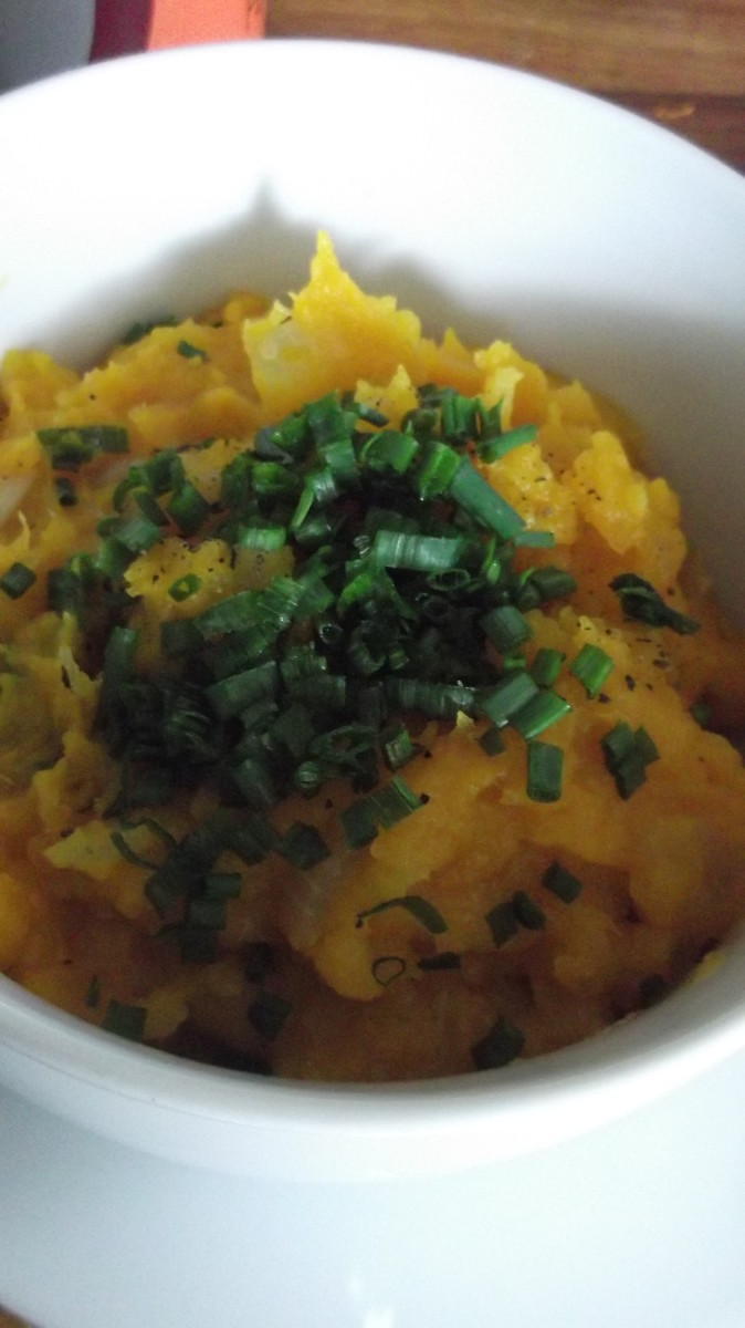 Topped with chives grown organically in my garden, this pumpkin dish is a quick and easy meal that helps broken bones heal faster.