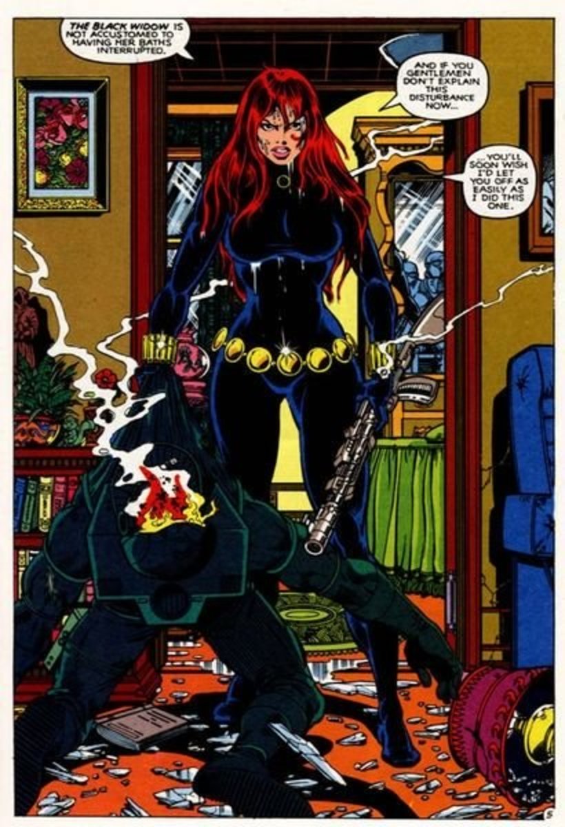 Classic Perez Black Widow... All Marvel Comics characters and the distinctive likeness(es) thereof are Trademarks & Copyright Â© 1941-2012 Marvel Characters, Inc. ALL RIGHTS RESERVED. Images are used under Fair Use (Comic Single Panels)