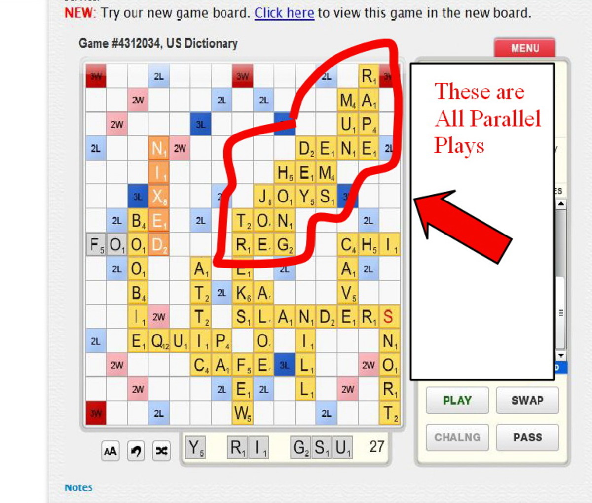 Examples of parallel plays in Scrabble.