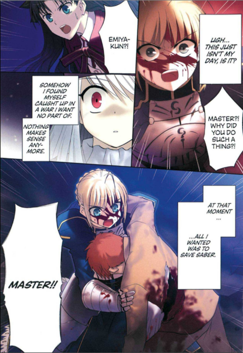 Shirou is badly wounded by Berserker.