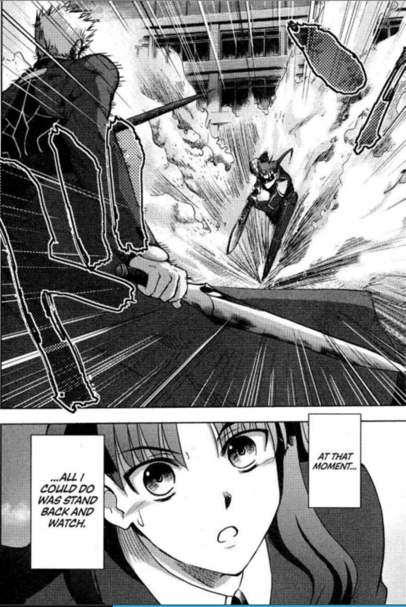 Archer and Lancer fighting while Rin observes.