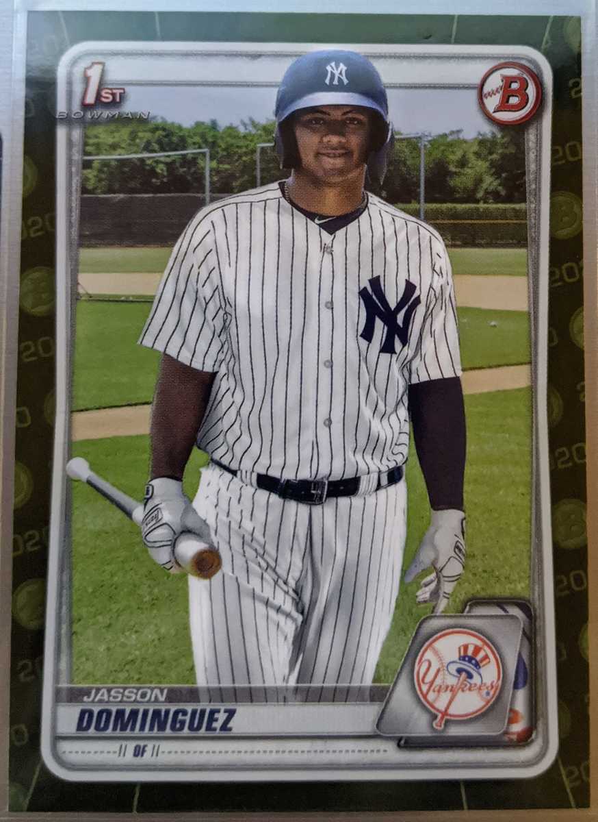 A 2020 Bowman Camo parallel card of Jasson Dominguez, the top-selling prospect in the set.
