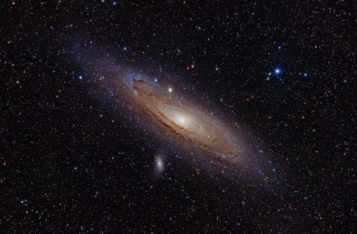 The Andromeda Galaxy is a spiral galaxy approximately 2.5 million light-years away in the constellation Andromeda. The image also shows Messier Objects 32 & 110, as well as NGC 206 (bright star cloud in Andromeda Galaxy) and the star Nu Andromeda. 
