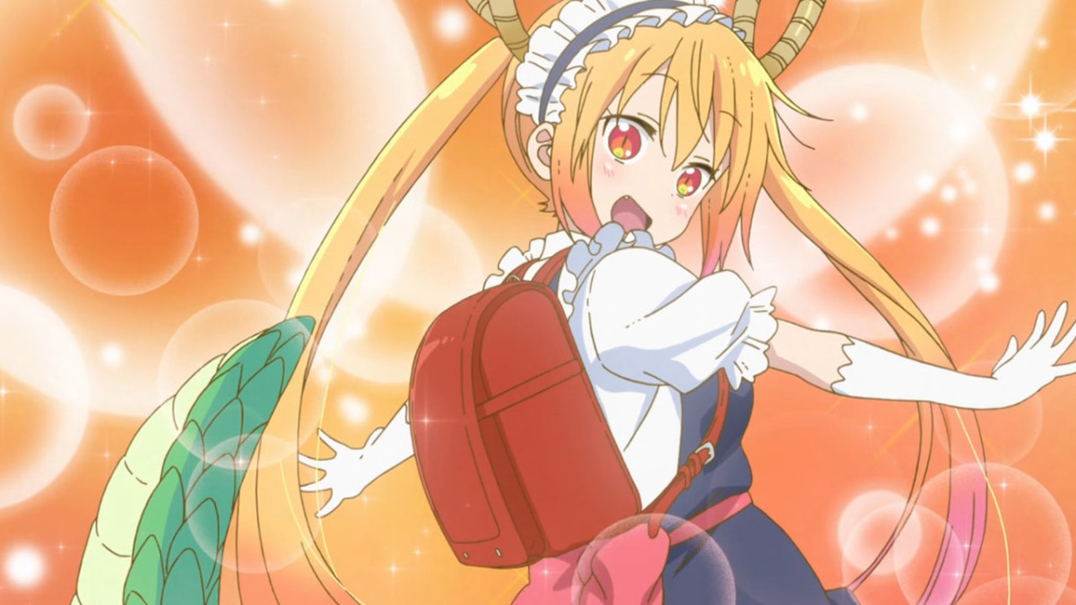 In attempt to seek Kobayashi's affections, Tohru tries to impress her by wearing Kanna's backpack.