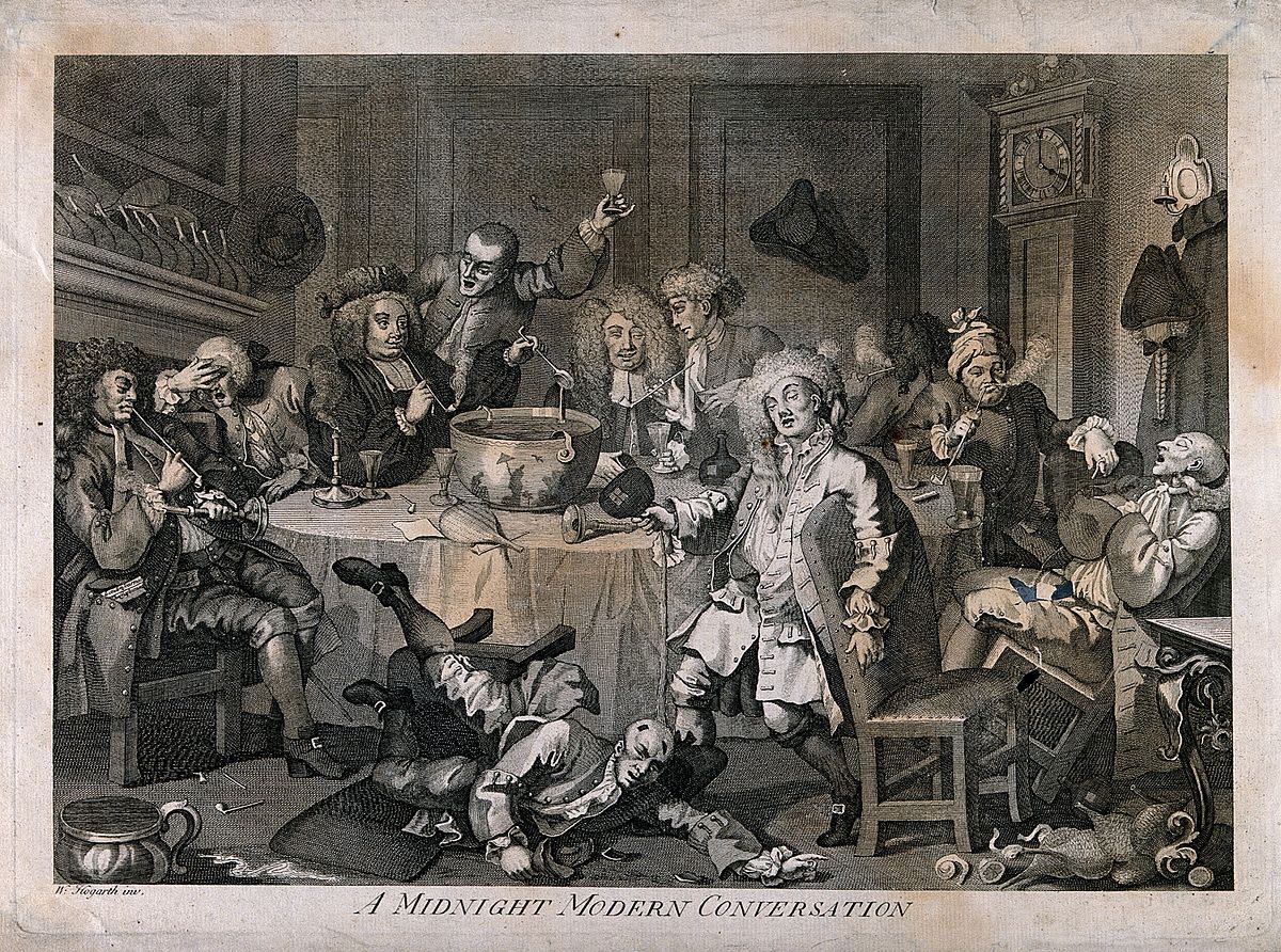 William Hogarth depicted a drunken party in 1731.