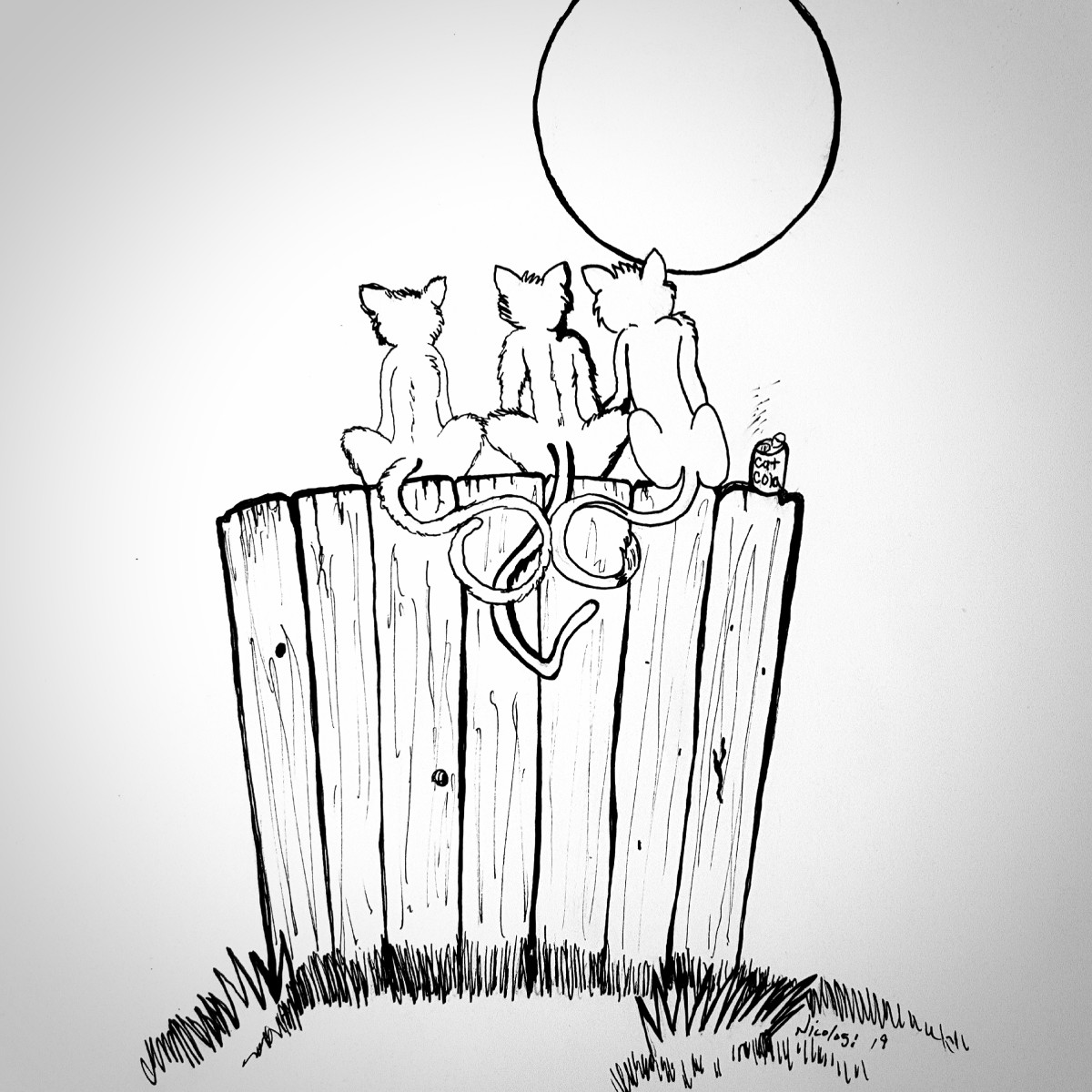 Three Cat Friends Sitting on a Fence - ink