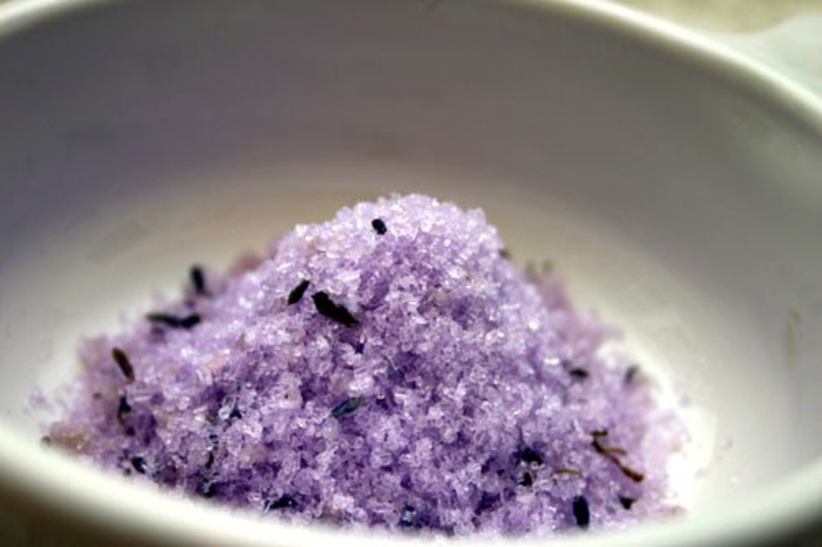 homemade bath salts mixed and ready to be used (lavender relaxation blend).