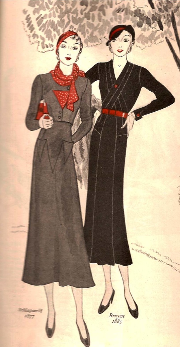 Two representative sketches of 1930s women's fashion, including clean lines and fashionable hats.