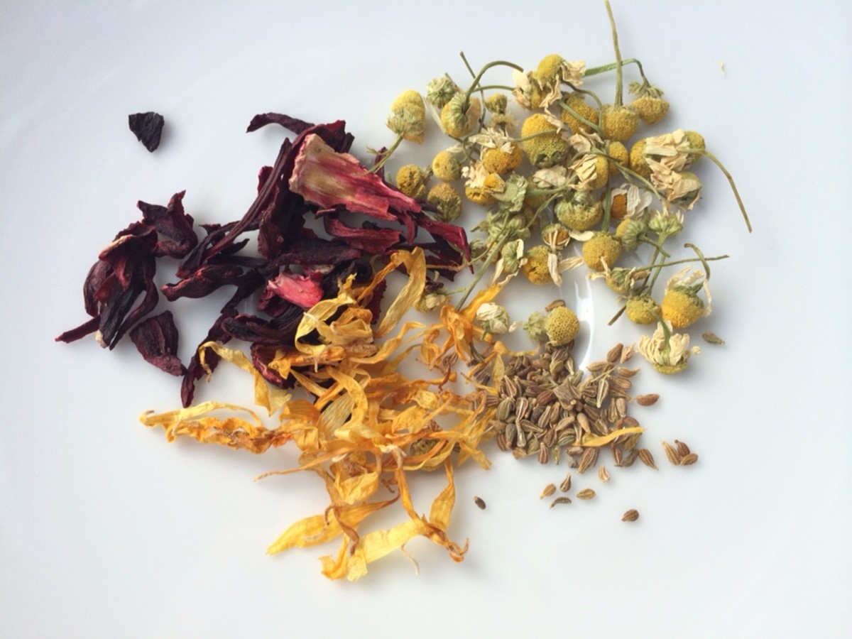 Dried flowers and herbs used to make lip balm include (clockwise from top right) german chamomile, anise seeds, calendula and hibiscus. 
