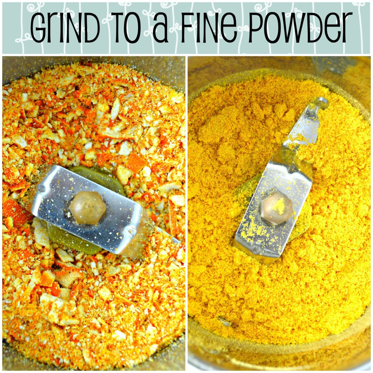 Start grinding the peel in your food processor. The first picture shows the peels after 3 pulses. The second picture shows the finely powdered peel, after about 40 seconds of grinding.