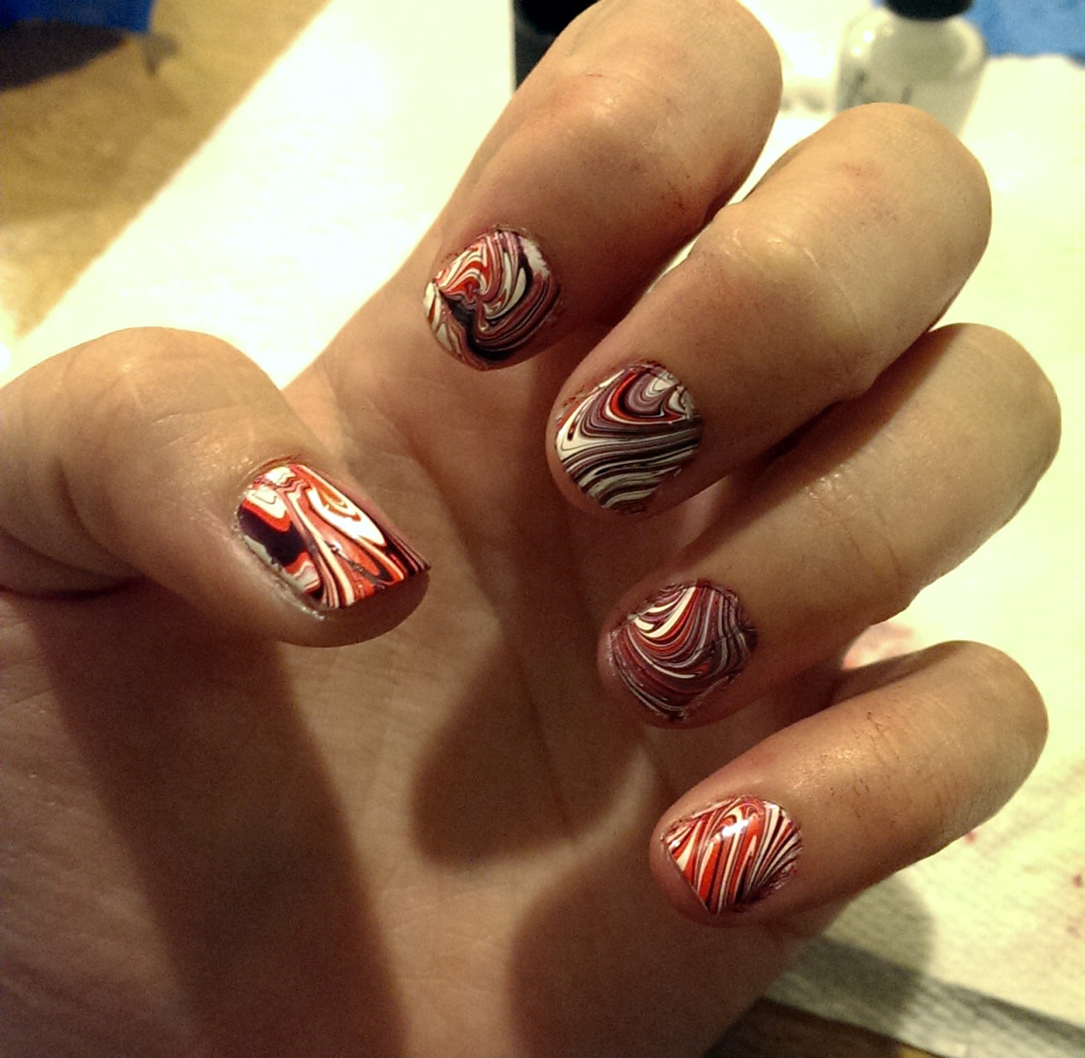 Here's what my nails looked like after I completed the marbling on each finger!
