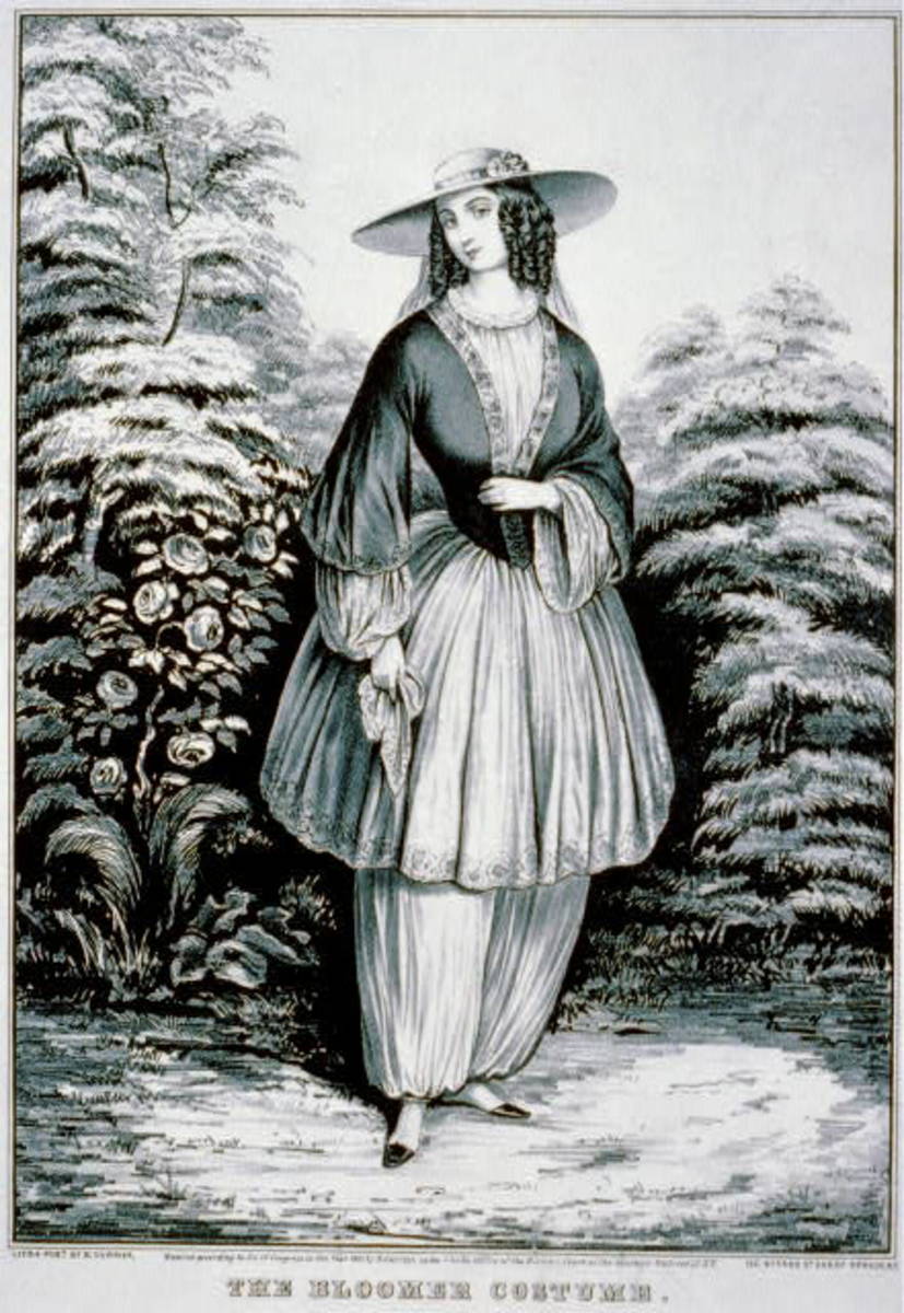 Cartoon of a woman wearing the Bloomer Costume, named after Amelia Bloomer. 