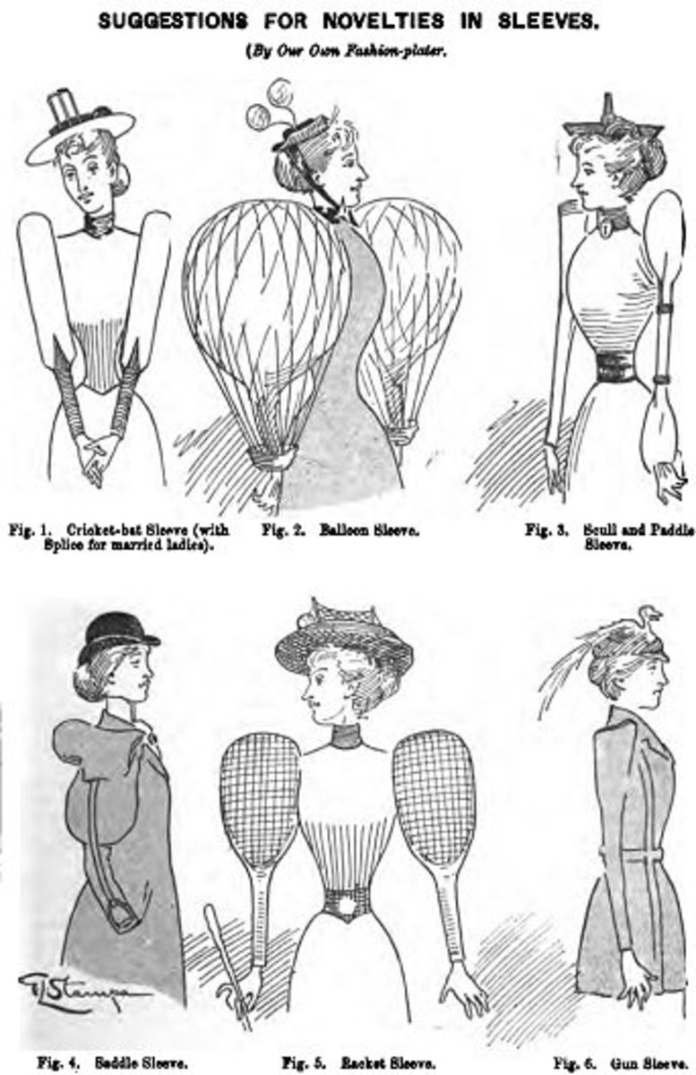 Cartoon mocking sleeve designs suggesting that new styles could be modeled on cricket bats, hot air balloons, or tennis rackets.